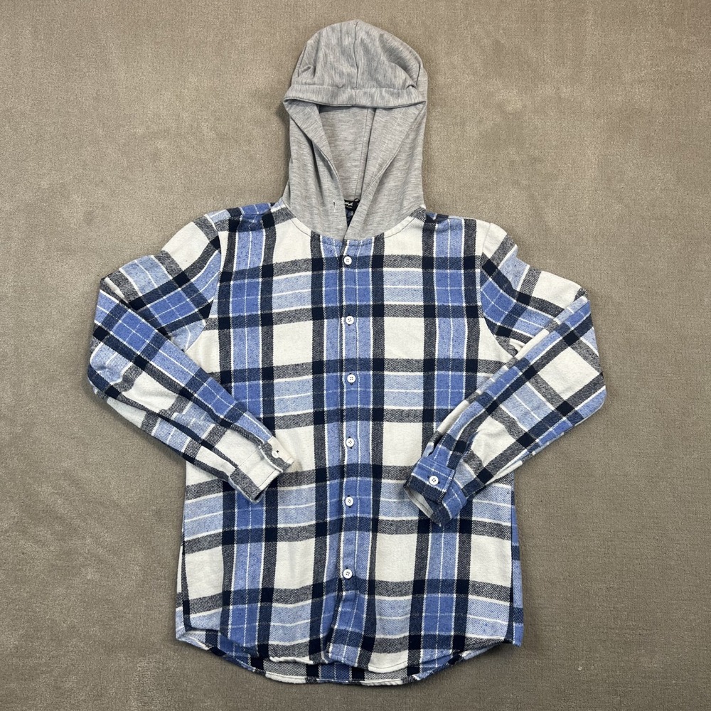 Romwe Hooded Flannel Shirt Mens Small Blue White Plaid Button Up Hoodie Shacket